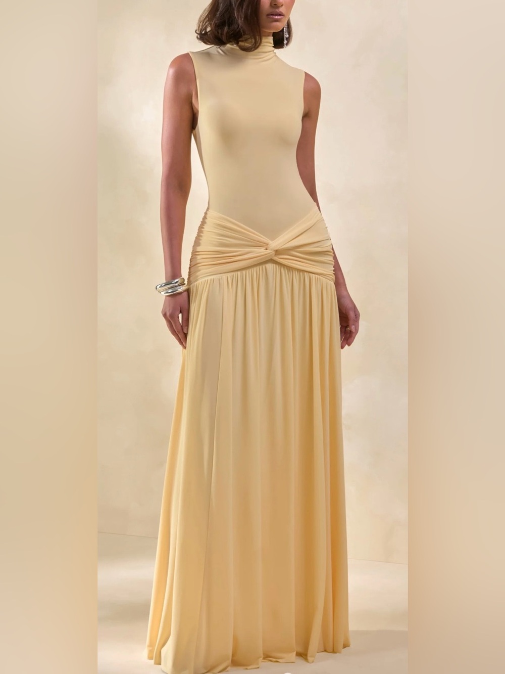 L Club London Glimora Sleeveless High-Neck Maxi Dress in Soft Yellow